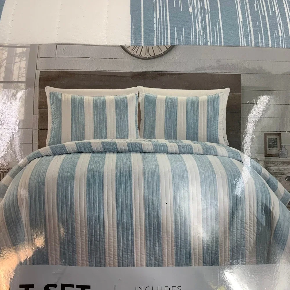 Truly Soft Aiden Full Queen Size Quilt Set Blue Stripe‎ 2 Standard Shams Bedding